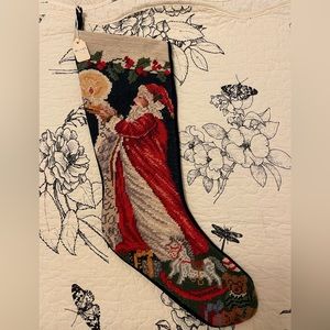 Vintage Christmas Candlelight Santa Needlepoint Stocking RARE NWT 22in